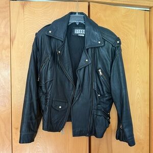Vintage Siena Studio Women’s Black Leather Jacket with Gold Details